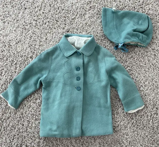 Antique Vintage Child Infant Lined Jacket Coat Handmade Doll Peacoat Bonnet Set