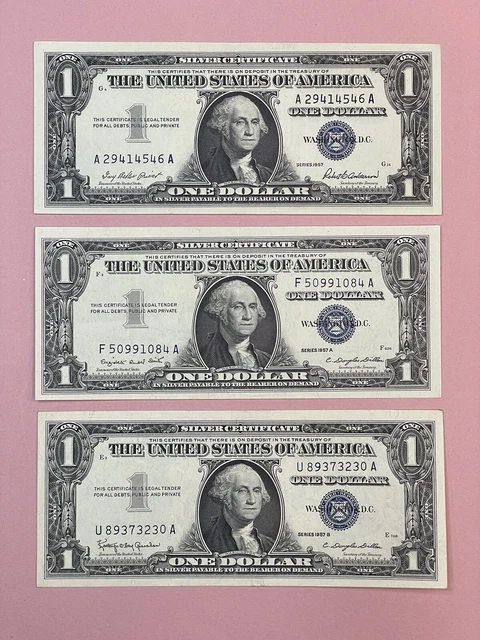 3 Crisp / $1 Silver Certificates / Series of 1957, A, B / Fr. 1619, 1620, 1621