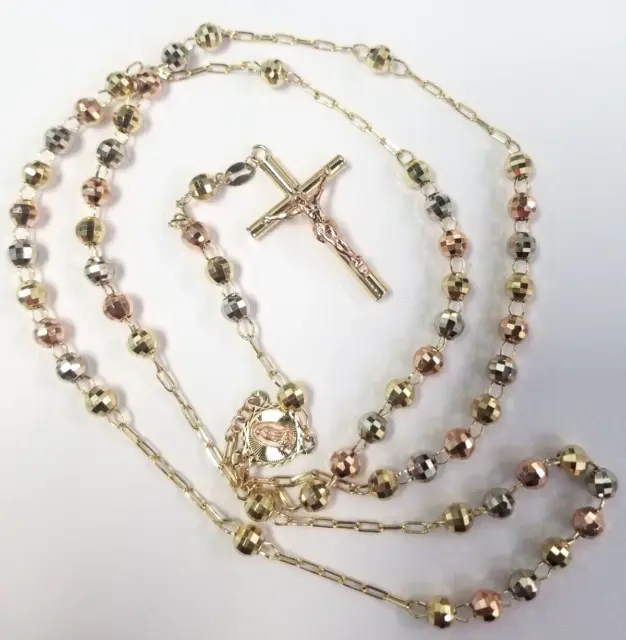 Rose White Yellow Gold 26'' 5mm Rosary Virgin Mary Cross Crucifix Chain Necklace
