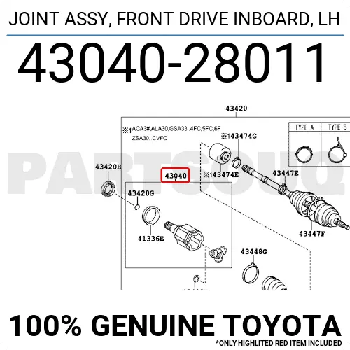4304028011 Genuine Toyota JOINT ASSY, FRONT DRIVE INBOARD, LH 43040-28011 OEM