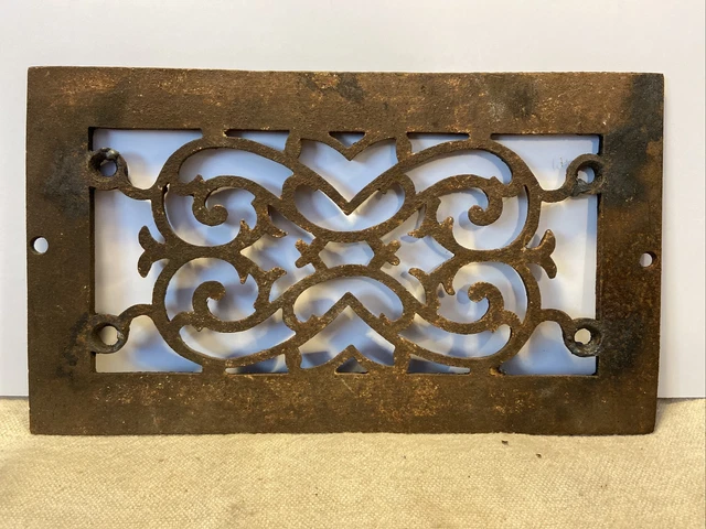 Vintage Antique Small Ornate Cast Iron Floor/Wall Heat Vent Grate (4x8” Opening)