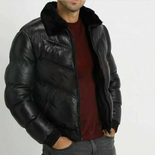 Men's Real Sheep Leather quilted Puffer Jacket Padded Lambskin Black Fur Collar