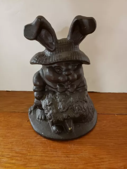 Vintage Easter Bunny Rabbit Pushing Wheelbarrow Cast Iron Door Stop