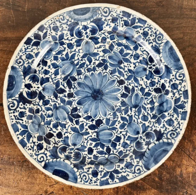 Antique 14” Delft Floral Charger 18th Century Dutch Blue White Faience Plate