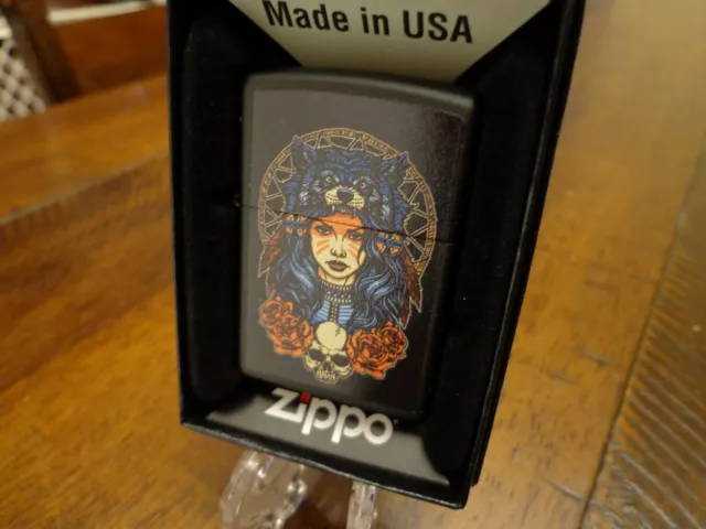 Indian Woman With Wolf Headdress Dreamcatcher Zippo Lighter Mint In Box