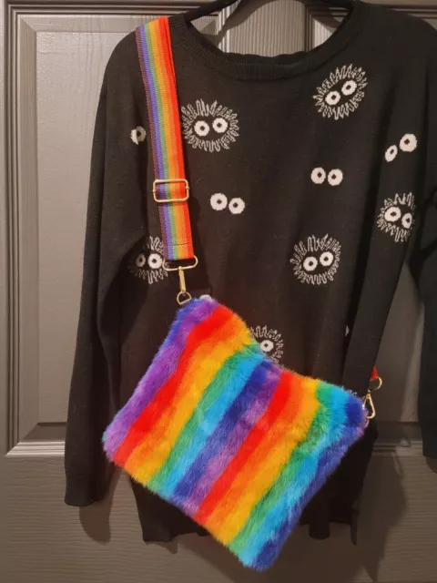 Hello 3 AM Forever, Faux Fur Rainbow Crossbody Bag, Adjustable Strap