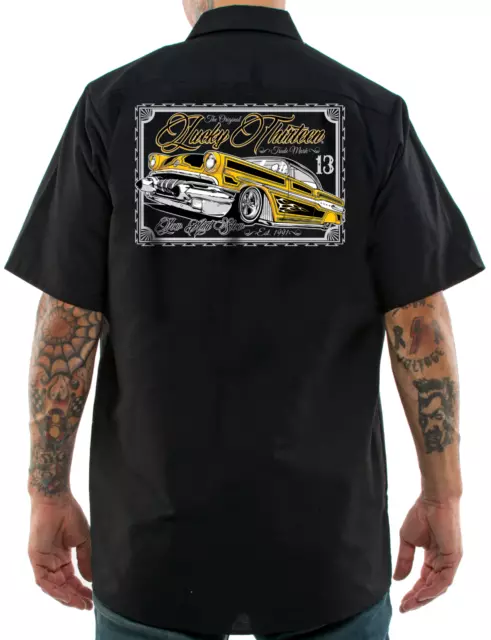 Lucky 13 Bajo & Slow Retro Clásico Coches Estrella Jefe Mecánico Trabajo Camisa