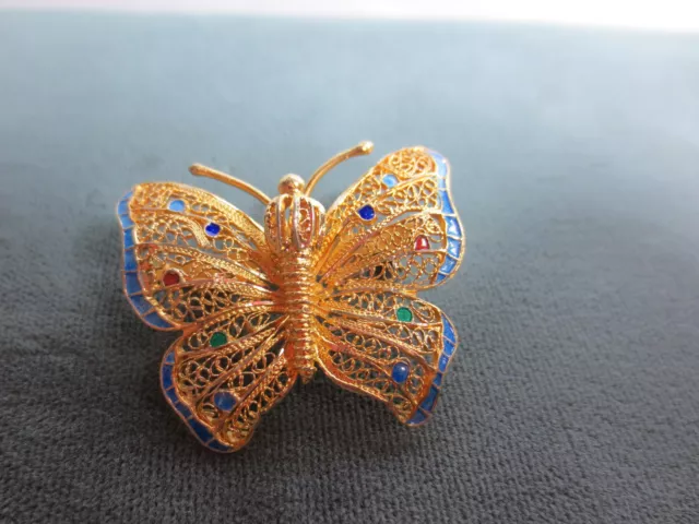 Vintage Enamel Filigree Gold Wash Sterling  Silver Pin Brooch Butterfly