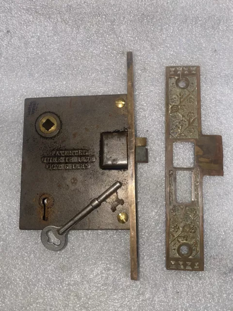 Antique Sargent EKADO Mortise Lock And Matching Striker Plate Pat. Aug. 18/1885 3