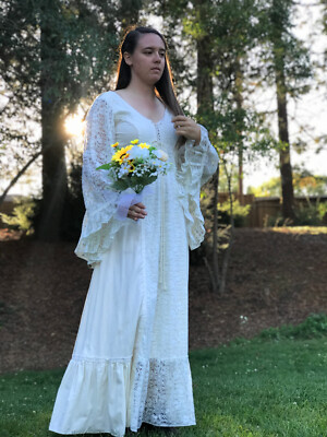 STUNNING VTG 70s JESSICA McCLINTOCK GUNNE SAX WEDDING DRESS LACE BELL SLEEVES
