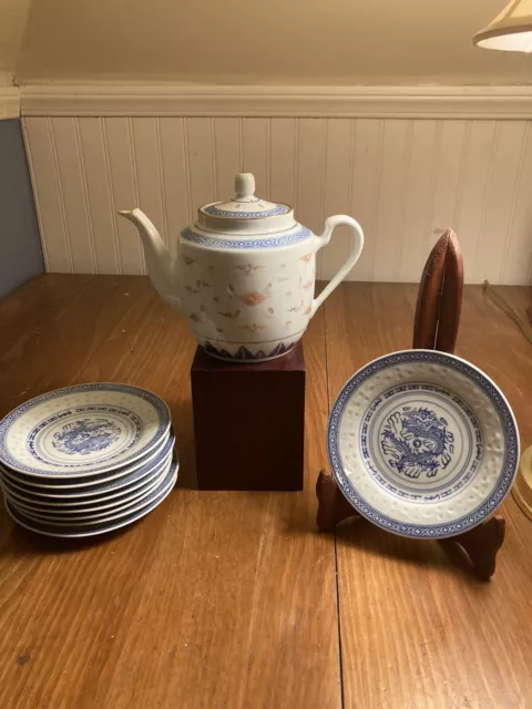 10 Piece Tea Set/Vintage Chinese Blue White Porcelain Rice Eye Grain/ Never Used
