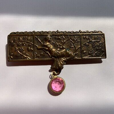art nouveau brass Brooch Pin Edwardian Brass Reclining Goddess Dangling pink Gem