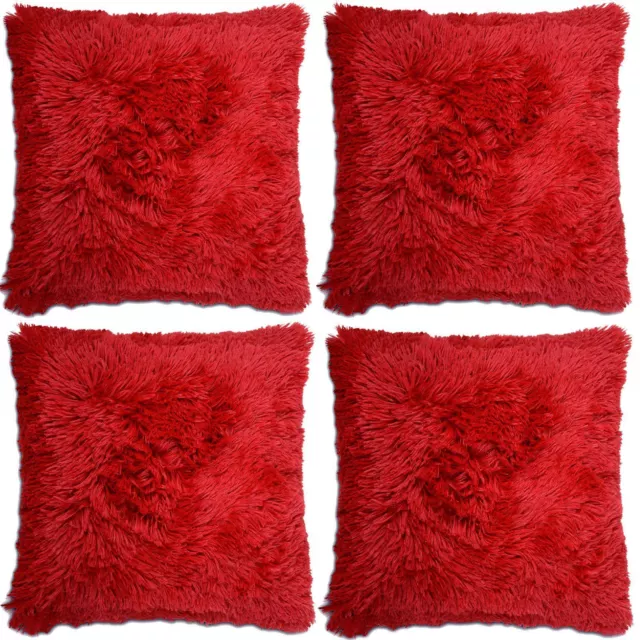 4 x Super Soft Red Faux Fur Cushion Covers Cuddly Shaggy 43x43cm