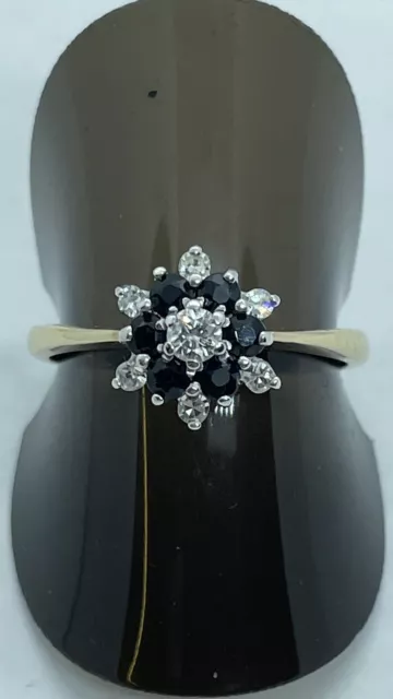 Vintage 9ct Yellow And White Gold Diamond And Sapphire Cluster Ring. Size N 1/2.