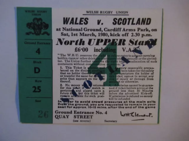 Rugby Union Ticket Stub - Wales v Scotland - 1/3/1980