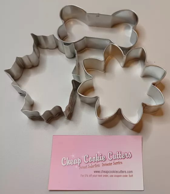 3 METAL COOKIE CUTTERS Dog Bone, Maple Leaf, Daisy Flower