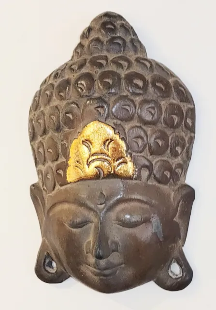 Tibetan Buddha Face / Head Wooden Wall Mask Hand Carved Scuffed Cheek