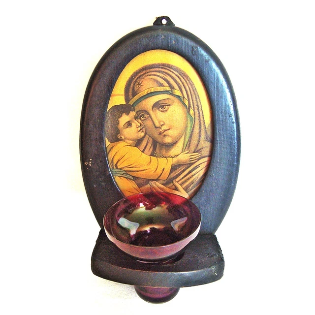 ANTIQUE VINTAGE ORTHODOX icon MARY & JESUS Print with glass & icon-lamp