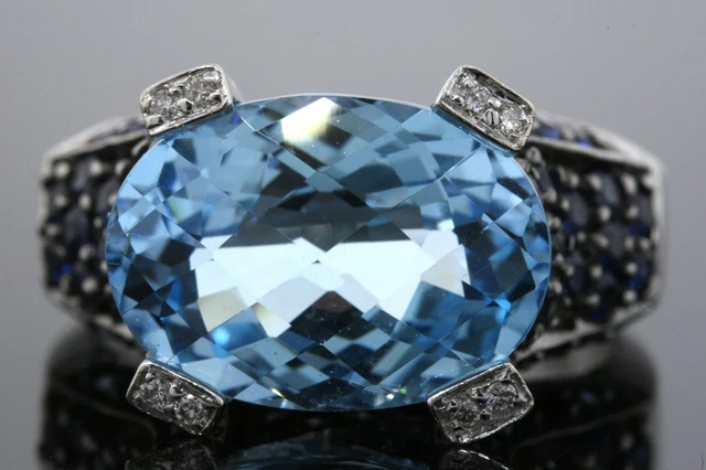 Levian Topaz Ring Pave Blue Sapphire Diamond 14k White Gold Oval size 7