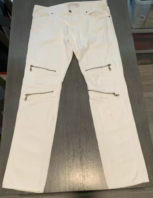 Robins Jeans Mens 36x33 WHITE Moto Denim Pants Zippers