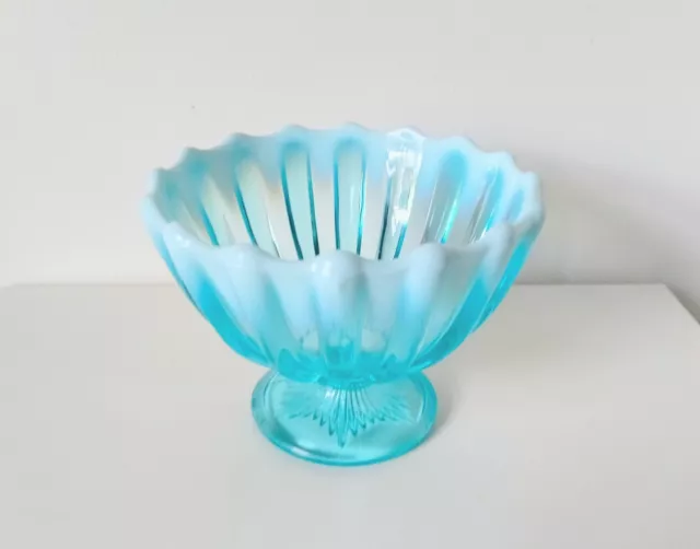 Victorian Davidson Blue Opalescent Pearline Vaseline Glass Bon Bon Dish Bowl