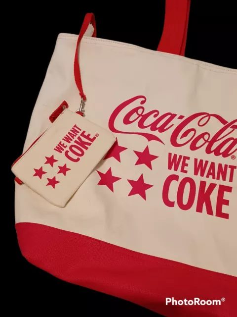 XLg Coca Cola Canvas Shopping Beach Tote With Wristlet Beige Red Zipper With Tag
