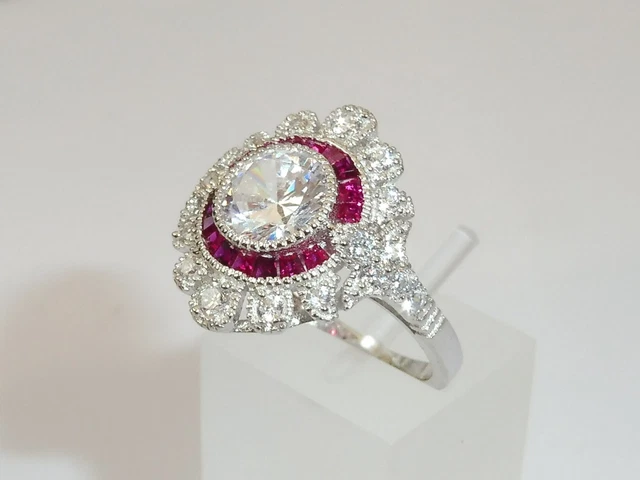 Bague D'éternité Femme Argent Sterling 925 - Saphirs Et Rubis Style Halo - Faite Main - Neuf Sans Emballage
