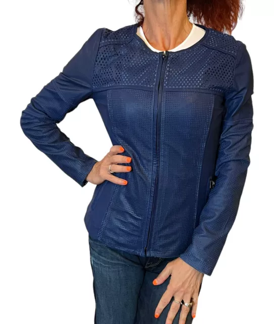 Womens Neiman Marcus Blue Genuine Leather Laser Cut Perforated Zip Jacket $479 S 3