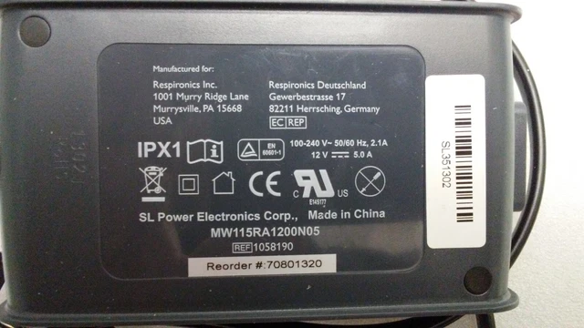 Adaptador de fuente de alimentación Respironics CPAP IPX1 MW115RA1200N05 12V 5A AC 1058190 FABRICANTE DE EQUIPOS ORIGINALES