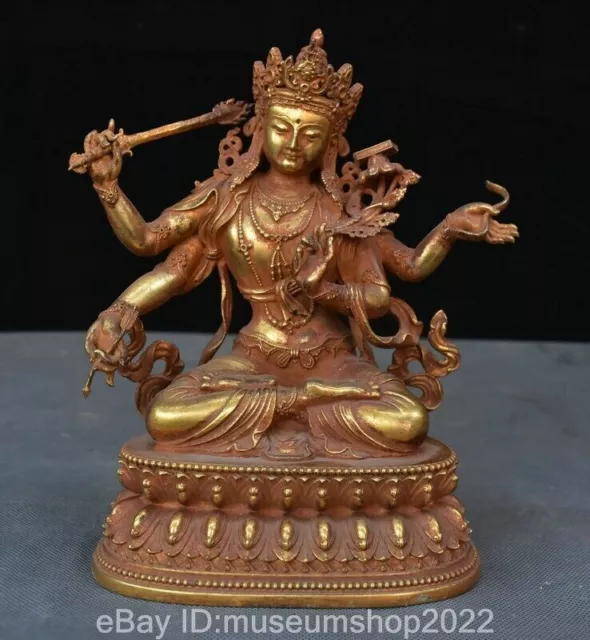 8" Old Tibetan Bronze Gilt 4 Arms Wenshu Manjushri Boddhisattva  Goddess Statue