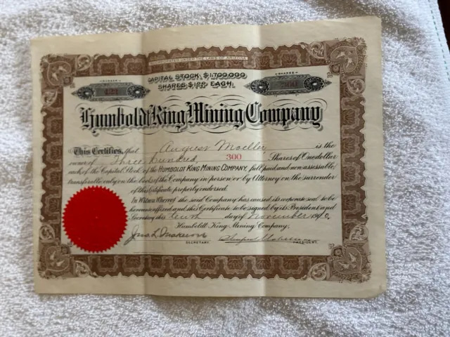 Humbolt Mining Company DEC 1910 stock certficate