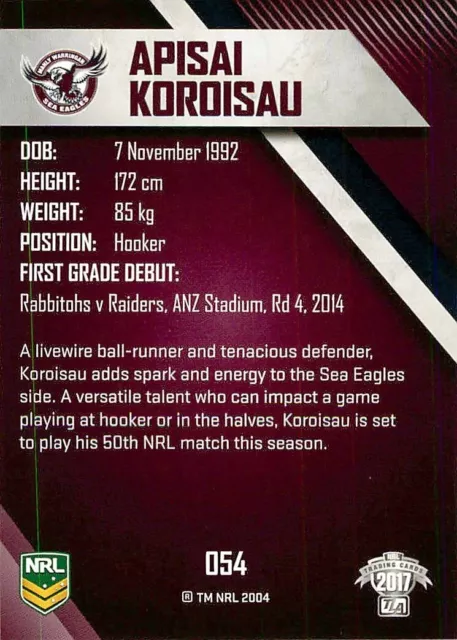 ✺New✺ 2017 MANLY SEA EAGLES NRL Card APISAI KOROISAU Traders 2