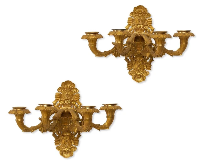 19th Century Pair of French Empire Style Gilt Bronze Four Branch Wall Lights