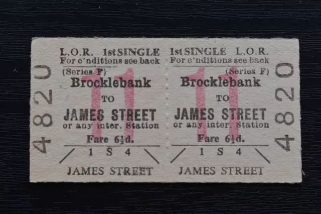 Liverpool Overhead Railway Ticket LOR BROCKLEBANK to JAMES STREET No 4820