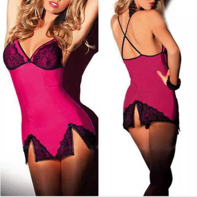 Women's Sexy Pink & Black Lace Babydoll Chemise Dress Size 8 Lingerie ❤Aus❤