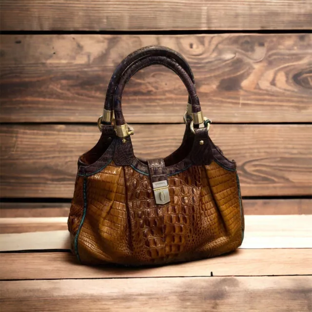 BRAHMIN Elisa Croc Embossed Brown Leather Hobo Satchel Handbag 2