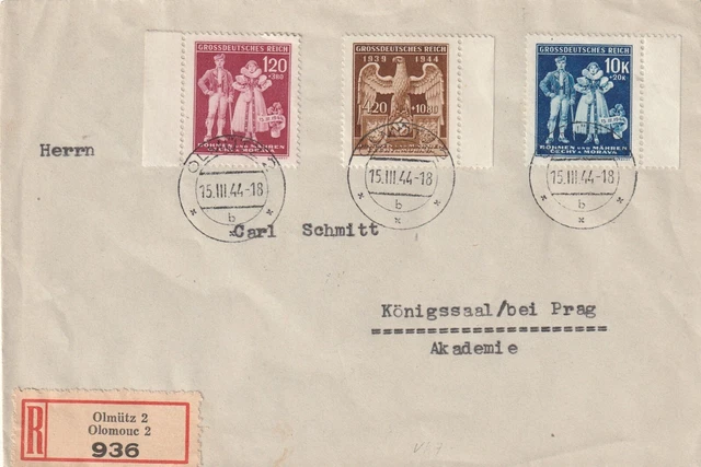 5. Jahrestag - B+M Nrn.133-35 als EBF-FDC ab OLMÜTZ 2 15.3.1944 nach Königssaal.