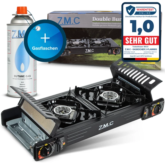 PREMIUM Campingkocher 2 flammig Camping Gas Kocher Grillplatte + Gaskartuschen