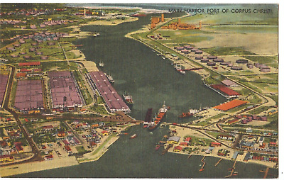 1940's Linen Postcard Birds Eye View Main Harbor Port Corpus Christi Texas