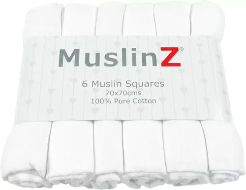 MuslinZ 6PK Baby Muslin Squares, Burp Cloths, Soft, 70x70 cm (6 Count), White