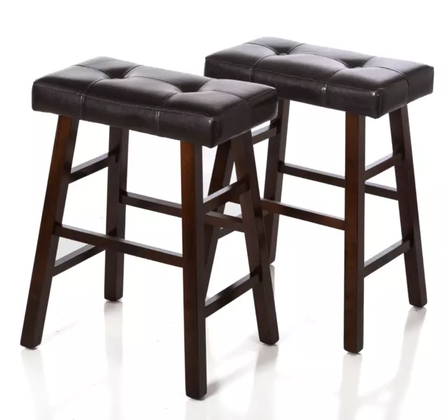 Set of 2 Dark Espresso Wood Bar stools with Espresso Bonded Leather 24" or 29" H