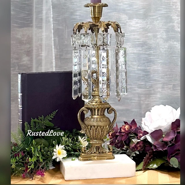 Antique Victorian Girandole Candlesticks Marble, Brass & Crystal Prisms Single *