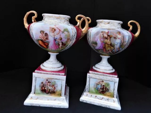 Rare Pair Antique Porcelain Von Schierholz Plaue Rococo Vases Urn Kaufmann H25cm 3