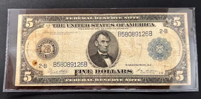 Series 1914 Large Size Blue Seal $5 Fed Res Note 2-B NY