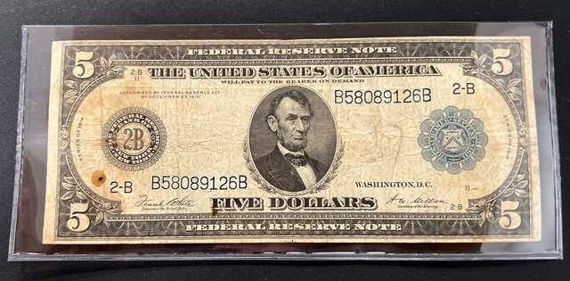 Series 1914 Large Size Blue Seal $5 Fed Res Note 2-B NY
