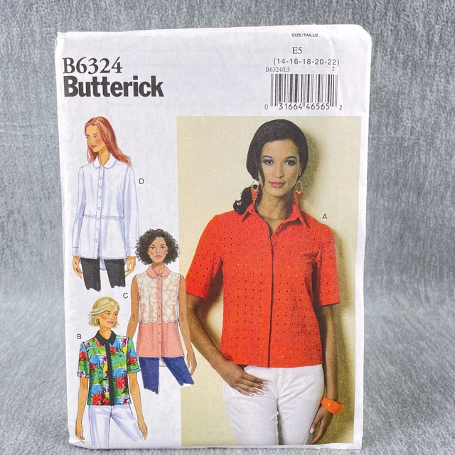 Butterick 6324 Plus Size Loose Button Front Shirt Misses Sz 14 22 Sewing Pattern