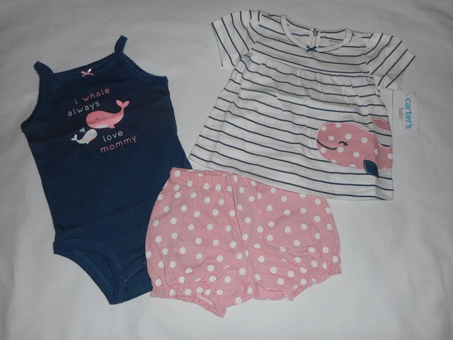 Carters 3-Piece Baby Girl Whale Short Set - Infant Size 12 Months - New