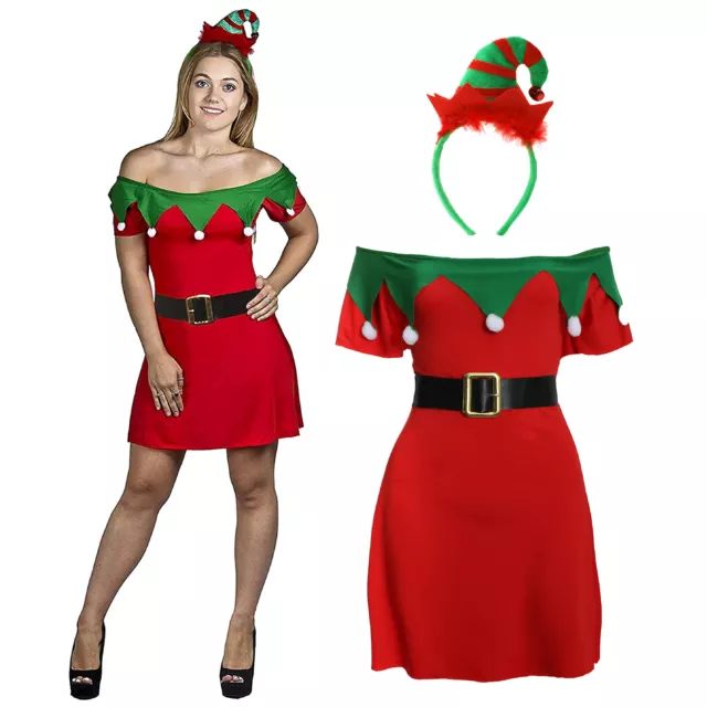 Ladies Christmas Elf Costume Dress Headband Fancy Dress Santa Little Helper Xmas