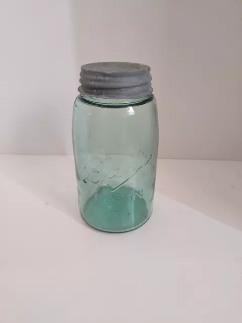 VINTAGE Ball Mason Jar Green Glass Quart Antique. 7in tall