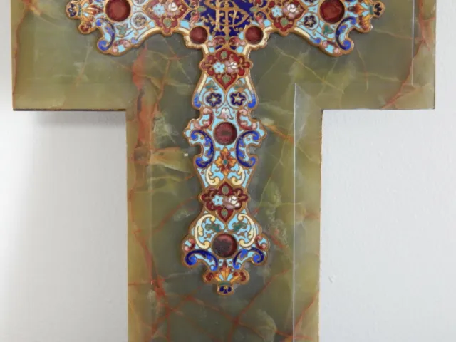 ANCIEN GRAND Bénitier Crucifix Croix en émaux Cloisonné Sur Socle en ONYX 3